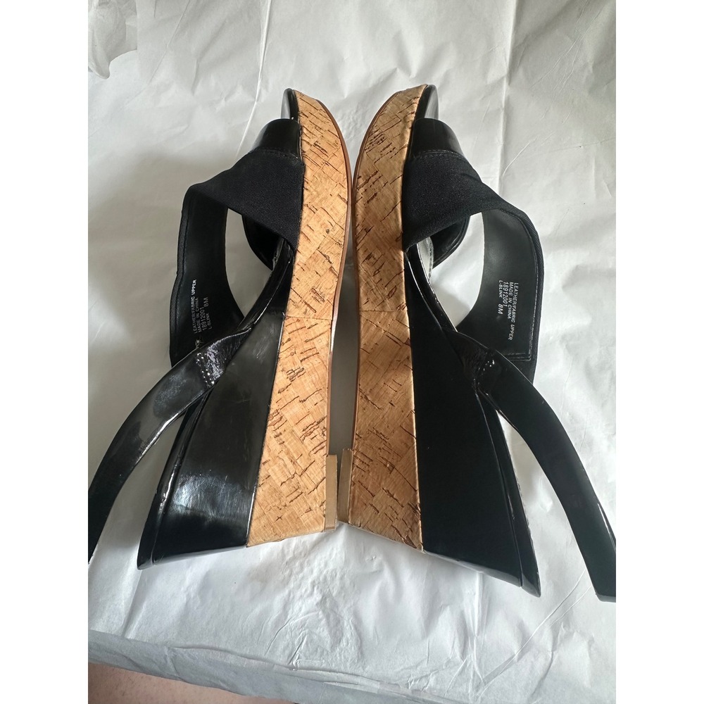 Franco Sarto Blink Black Patent Leather Cork Wedge Slingback Sandals Women 8M - Picture 2 of 9